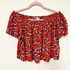 Sophie Rue Red Floral Off-Shoulder Floral Flutter Sleeve Crop Top Boho Blouse L